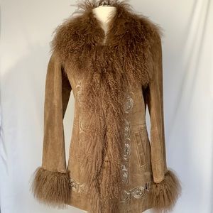 Embroidered Suede and Mongolian Fur Jacket